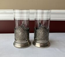 Pair of VTG Russian Tea Glass Metal Holders With Glasses, Marked, 5 1/2