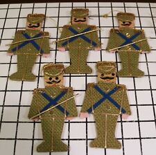 Vintage Green Burlap Soldier Christmas Ornament Set of 5 Doublesided MCM 5.5” picture
