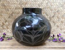 Floral Vase Black & Gray Clay Pottery Hand Painted Michoacan Mexican Folk Art picture