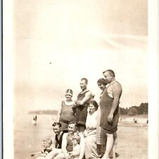 c1910s Group @ Beach Swimming RPPC Family Early Swimsuits Cap Real Photo PC A185 picture