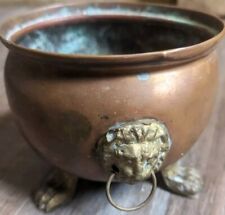 Vintage Lionhead Handled Footed Copper Planter Pot picture