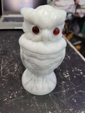 Antique Atterbury Glass Owl Jar with Lid White Milk Glass with Red Glass Eyes 7