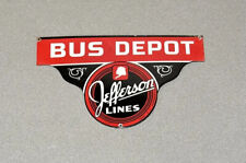 VINTAGE 17” JEFFERSON BUS DEPOT PORCELAIN SIGN CAR GAS TRUCK GASOLINE AUTO OIL picture