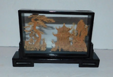 NEAT JAPANESE CARVED CORK DIORAMA DISPLAY IN WOODEN & GLASS DISPLAY BOX picture