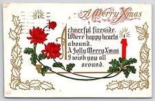 1915 A Merry Christmas Candle Light & Red Flowers Greetings Posted Postcard picture