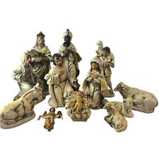 Vintage Nativity Set 12 Japan Wooden Stable Cream Tan Gold Figures Angel Animals picture