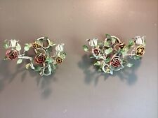 Pair Vintage 60s Italian Toleware Metal ROSES & LEAVES 2 Candle Wall Sconces picture