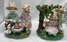 Set of 2 Spring Bunnies Fabric Mache Swinging & Picnicking Easter Spring w/Box picture