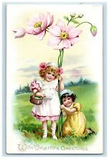 c1905 Valentine Greetings Cute Little Girls Pink Flowers Embossed Postcard picture