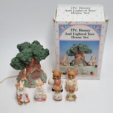 Vintage Easter Village Set 7Pc Bunny and Lighted Tree House w/Light Decoration picture