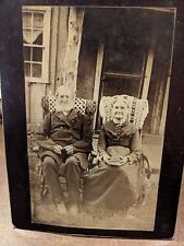 Charming late 1800's cabinet card photograph elderly husband & wife at homestead picture