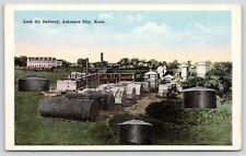 Arkansas City Kansas~Lesh Oil Refinery~Rows of Tanks~1920s Postcard picture
