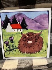 Vintage Elspeth Gardner Tile Art Highland Cow Scotland, Signed picture