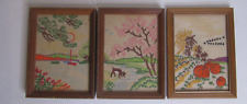 3 Vintage Embroidery Crewel Handmade Framed 5 x 7 picture
