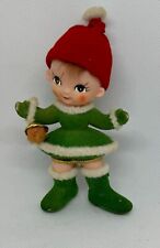 Vintage Flocked Plastic Gril Elf Ornament ~  Green picture