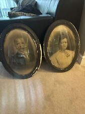 2x Antique Tiger Maple Convex Bubble Glass Oval Wood Picture Frames 16.5x22.5