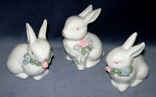 3 Bunny Rabbit Figures Glossy Finish Spring White Pastel Flowers 3.7