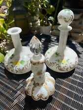 3 Antique Victorian Dithridge FENTON Milk Glass PAINTED Barber Bottles Stoppers picture