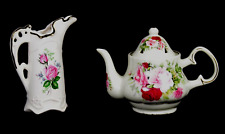 (2) Formalities By Baum Bros Mini TEAPOT & Hul-Mae CREAMER Ivory Pink & Red Rose picture