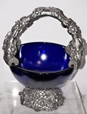 Vintage Davco Silver Ltd Cobalt Blue Bowl w/ Ornate Silver tone metal Basket picture