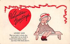 Flirty Little Girl With Lovers' Luck by Heart on Old Art Deco Valentine Postcard picture