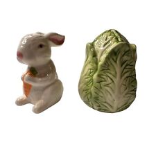 Vintage Porcelain Bunny Cabbage Springtime Salt & Pepper Shakers Original Box picture