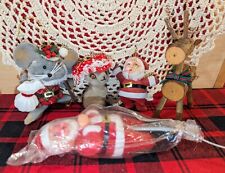 Vtg Flocked Christmas LOT Of 5 Pcs Ornament Decor Mice Santas & Wooden Reindeer  picture