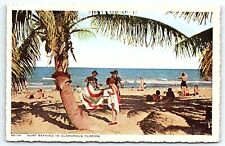 1930s SURF BATHING IN GLAMOROUS FLORIDA FL PALMS SUNBATHING POSTCARD P2651 picture