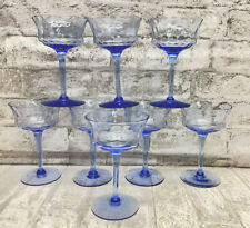 RARE SET OF 8 VINTAGE HEISEY BLUE DIAMOND OPTIC WINE GLASSES picture