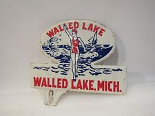 Vintage Walled Lake Michigan Metal License Plate TOPPER Swimmer Girl Boat Fish picture