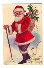 1907 National Art Co. Christmas Postcard Santa W/Walking Stick & Bag Of Toys picture