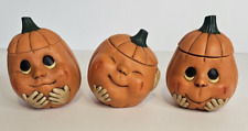 Halloween Pumpkin Trinket Jar Hand Painted Anthropomorphic Ceramic Set of 3 picture