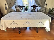 Vintage Italian Tablecloth  Cut Out Florals 96” X 68”  Blue Hand Embroidery picture
