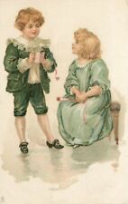 Tuck Art Postcard 1629 Party Invitation, Boy w/ Dance Card, Seated Girl in Green picture