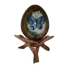 Tonala Mexico Pottery Egg With Carved Wood Stand Unmarked Folk Art  picture