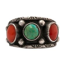 NATIVE AMERICAN STERLING SILVER GREEN TURQUOISE CORAL STAMP WORK RING 5.25 picture