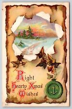 Holiday~Hearty Christmas Wishes~Winter Path W/ Ivy & Seal~Emb~Vintage Postcard picture