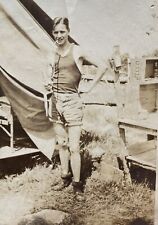 Boy Scouts Young Man Outside Tent Getting Ready for the Day Small Vintage Photo picture