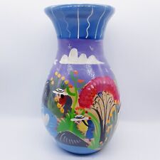 Handpainted Mexican Folk Art Vase Pottery Stoneware Colorful harvesting town picture