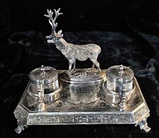 Antique Silver Plated Double Inkwell Stand Stag James Deakin JD & S Sheffield picture
