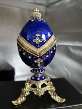 ROYAL BLUE RUSSIAN FABERGE EGG TRINKET BOX BY KEREN KOPAL, CRYSTALS, DETAILED, picture