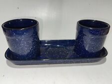PLANTER PLATE AND 2 MATCHING PLANTERS BLUE WHITE SPECKLES CHANCE HOLD picture