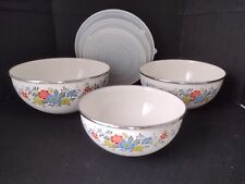 Vintage Kobe Floral Metal Nesting Mixing Bowls Set 3 Enamel Clad W/Lids picture