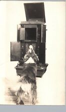 HIS MASTERS VOICE dog listens to phonograph record player real photo postcard picture