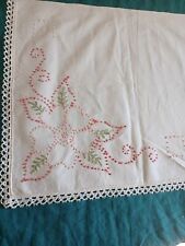Vintage White Linen Floral Embroidery Lace Edges Runner Table Topper 42
