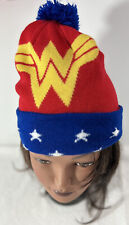 DC Comics Wonder Woman Stars Blue Red Knitted Beanie Cap Hat One Size Fits Most picture