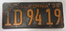 Vintage 1935 CALIFORNIA License Plate Tag #1D 9419 COUNTY Black INDENTED BORDER picture