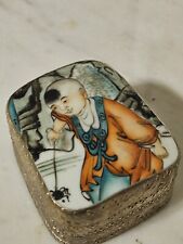 Antique Chinese Painted Porcelain Jewelry Trinket Silver Box Boy & Spider  picture