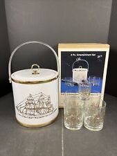 VTG tall Ship Ice Bucket Shelton Ware White Gold W/ 5 Glasses New In Box 1970s picture