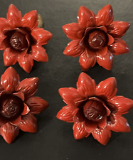 4 Stunning Vintage Red Metal Flower Push Pins, Curtain Tie Backs 1940s, 50s picture